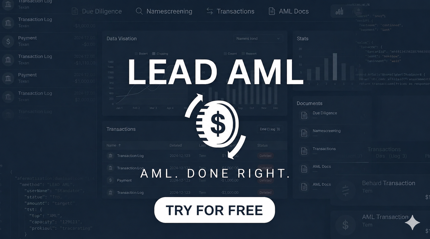 Lead AML compliance app dashboard showing transaction monitoring, due diligence, namescreening, and AML document management